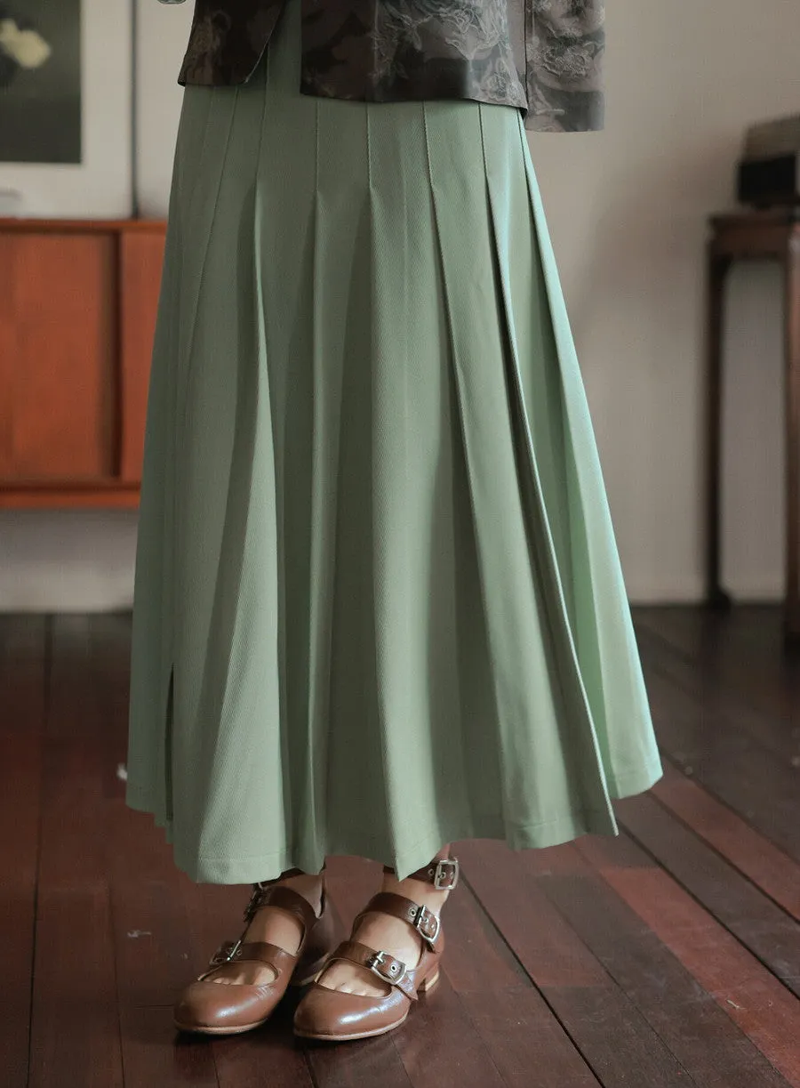 Flare Box-Pleats Simple Plain Long-Skirt