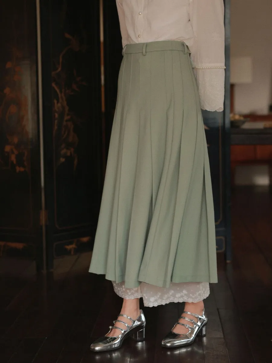 Flare Box-Pleats Simple Plain Long-Skirt