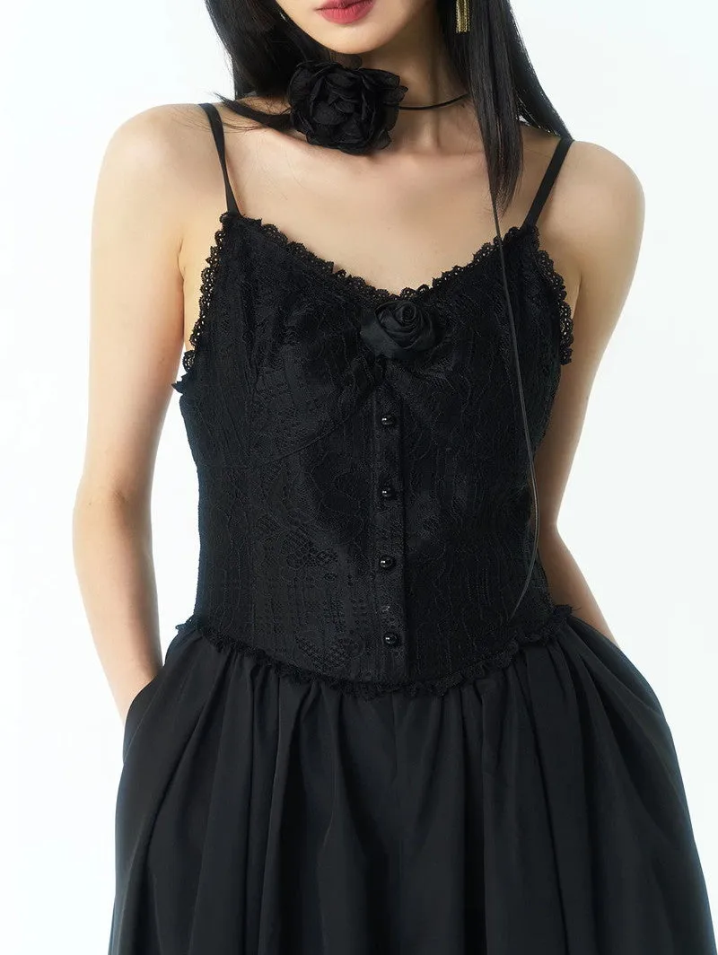 Flare Gather Long Plain Lace Ribbon Camisole-One-Piece