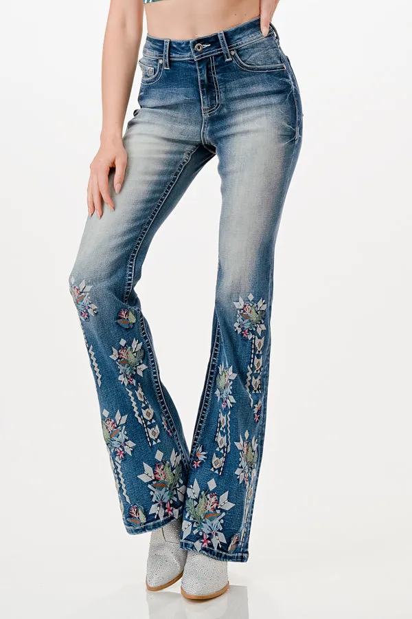 Floral Embroidery Printing  High Waist Flare