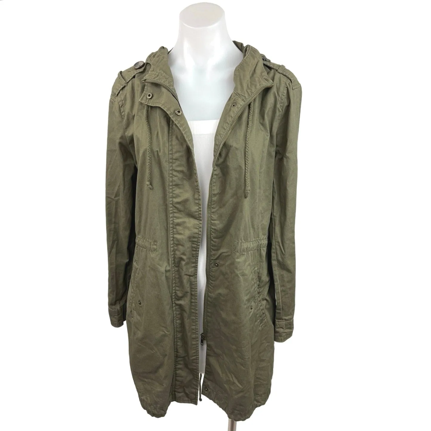 Forever 21 Olive Green Zip Up Snap Button Hooded Drawstring Utility Jacket Sz S