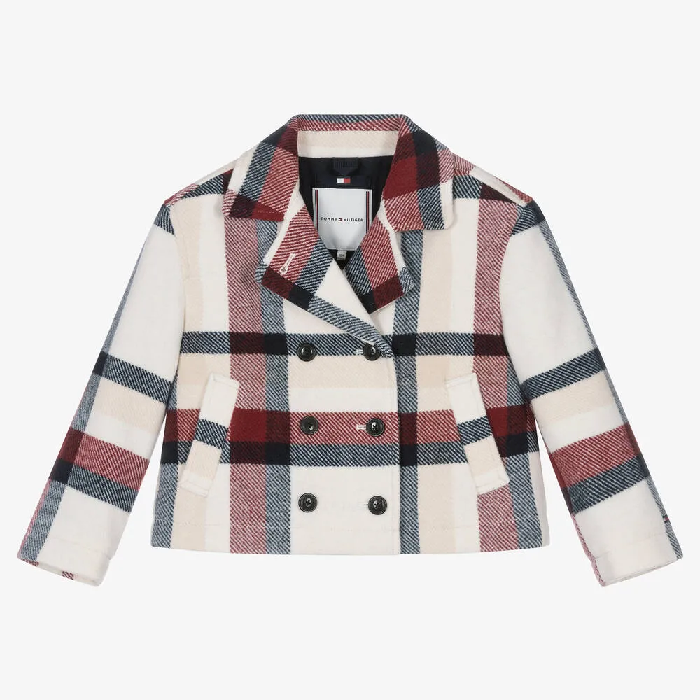 Girls Ivory Check Peacoat