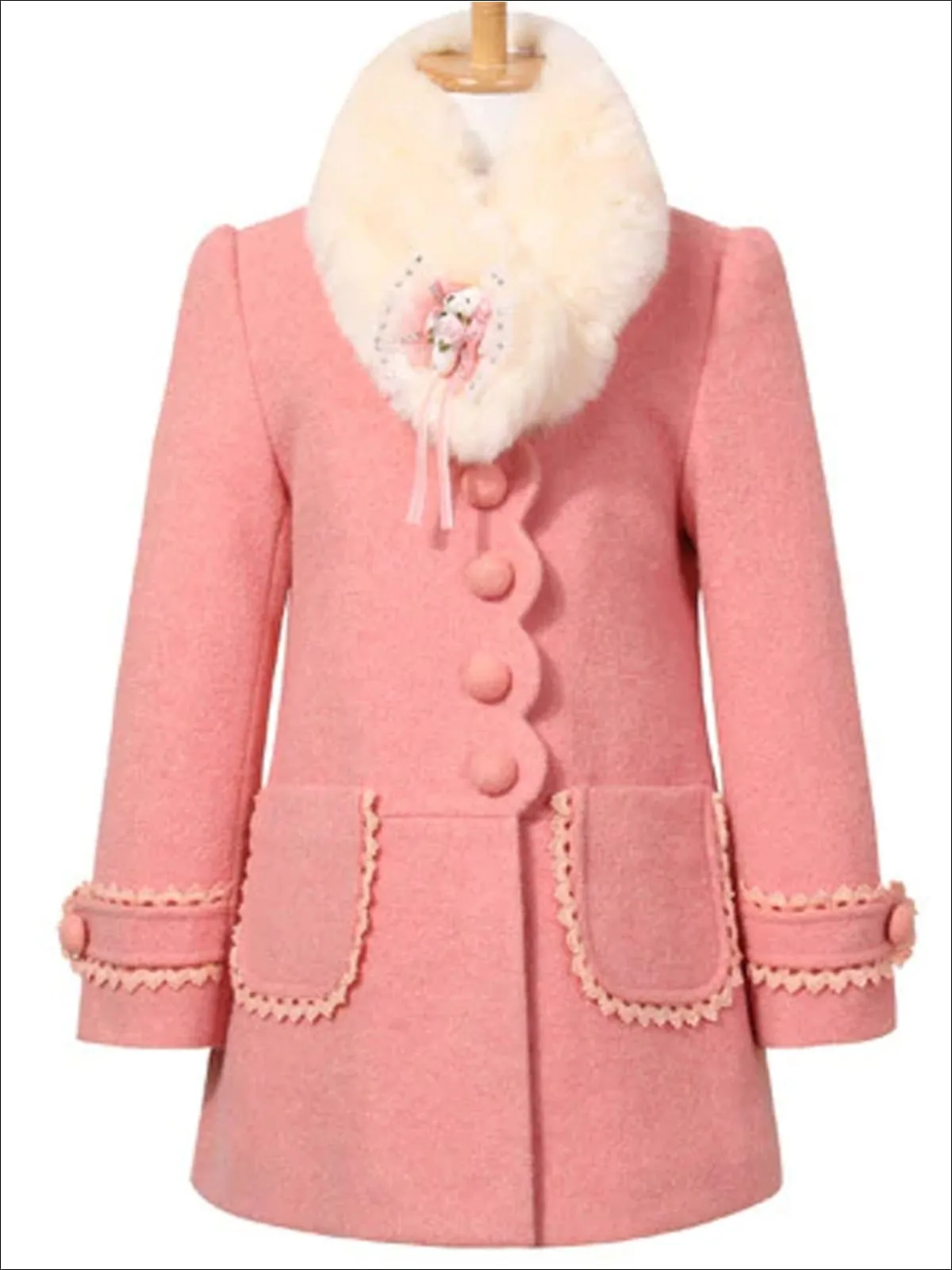 Girls Scalloped Lace Trimmed Fall Coat with Faux Fur Collar (Pink And Red)