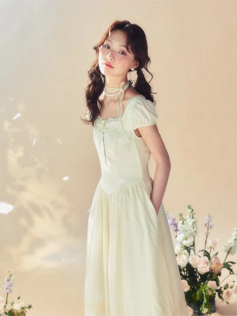 Girly Square-Neck Puff-Sleeve Flare Sweet Ribbon Princess One-Piece