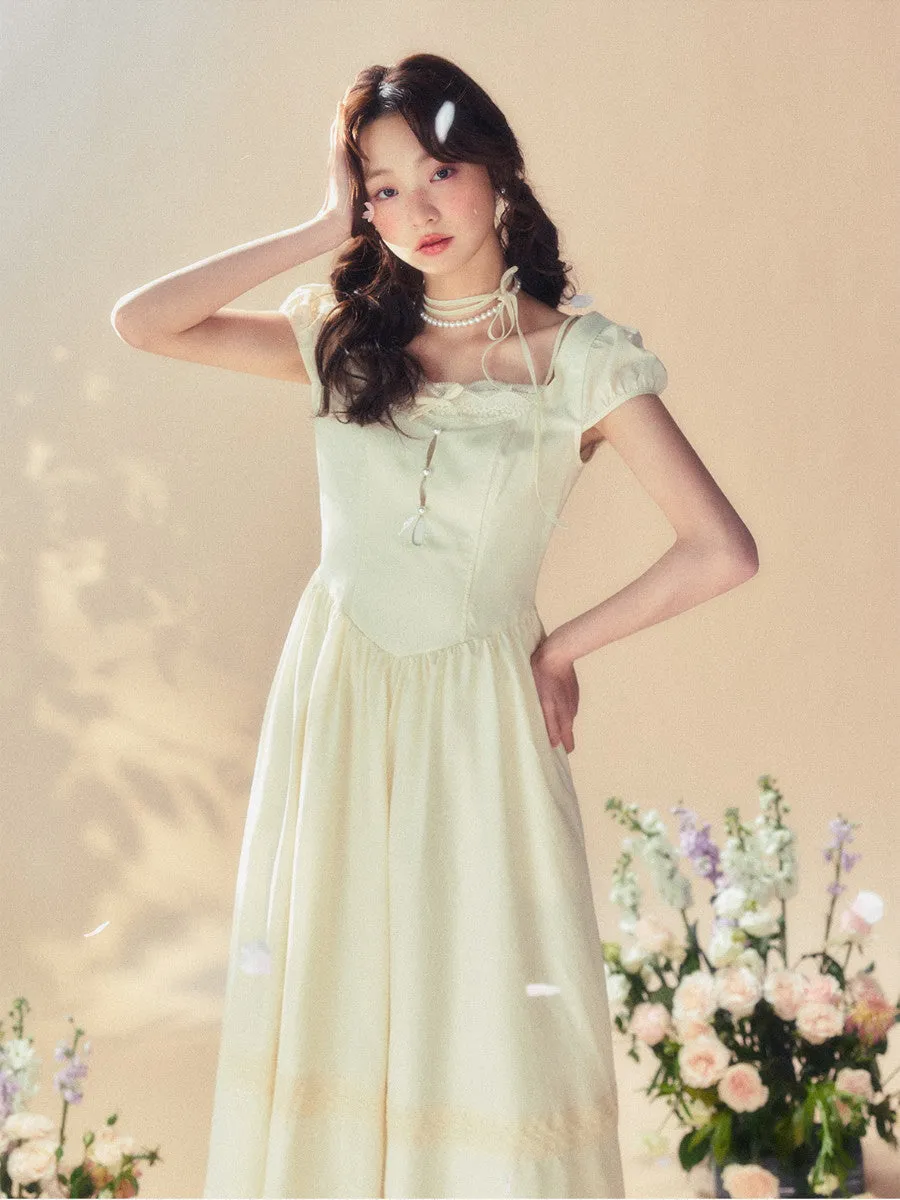 Girly Square-Neck Puff-Sleeve Flare Sweet Ribbon Princess One-Piece