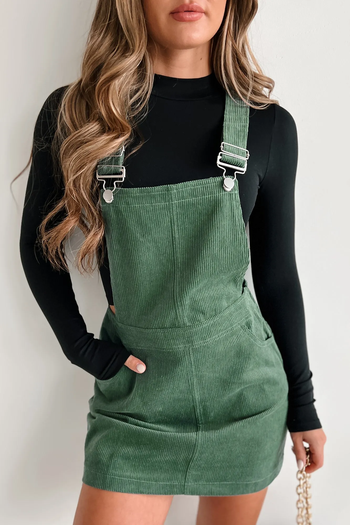 Give Us A Try Corduroy Overall Dress (Pine Green)