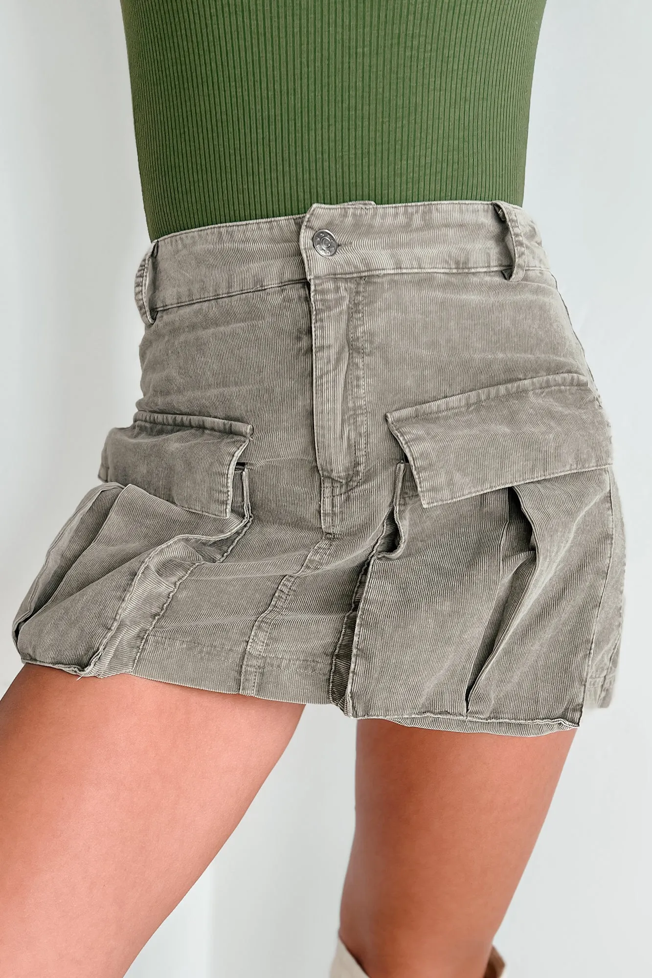 Giving You Credit Cargo Pocket Corduroy Mini Skirt (Stone Oak)