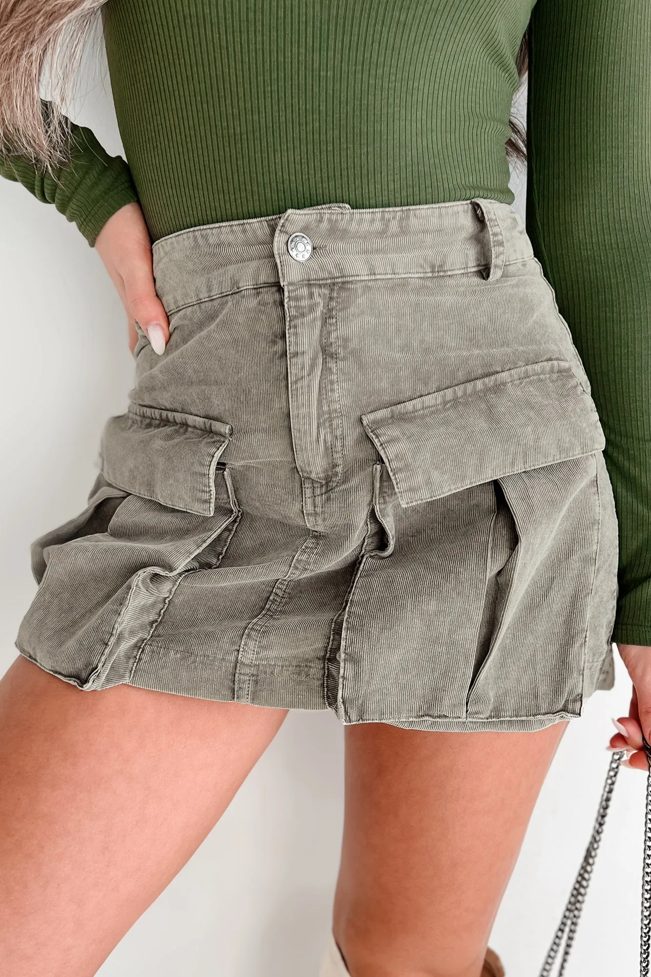 Giving You Credit Cargo Pocket Corduroy Mini Skirt (Stone Oak)