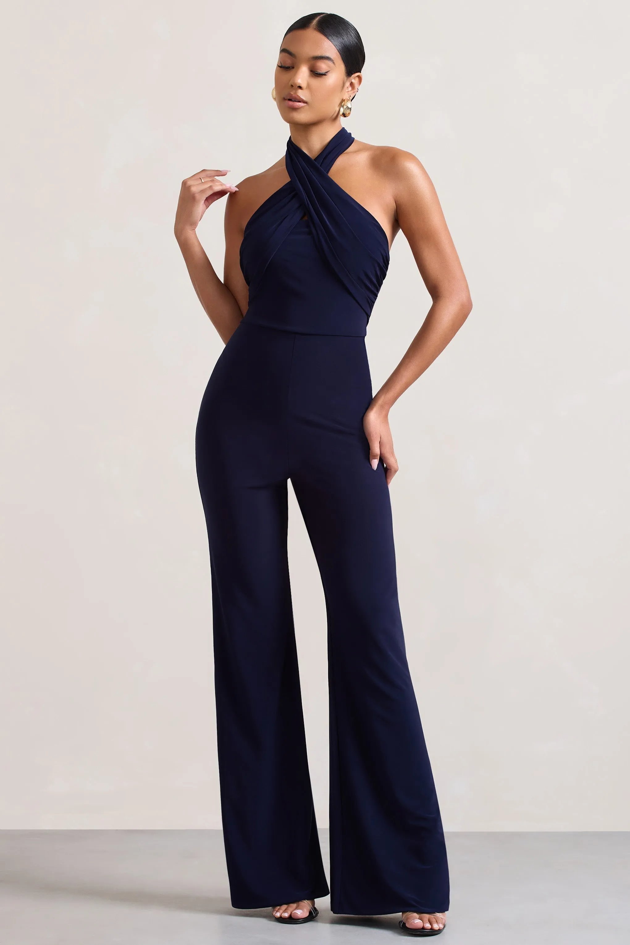 Goddess | Navy Halter Neck Flare Jumpsuit