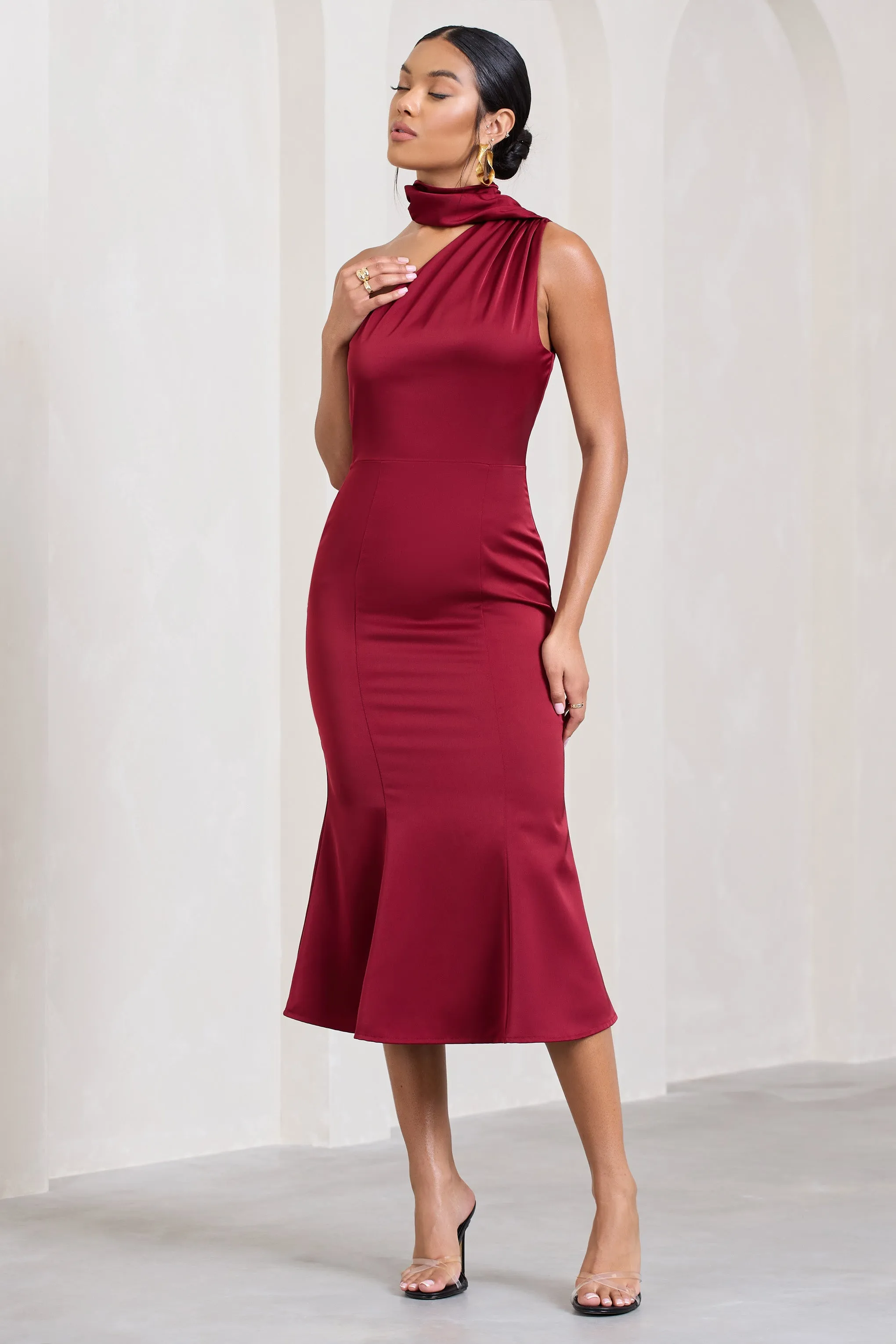 Golden Girl | Burgundy Satin One Shoulder High-Neck Flared Midi Dress