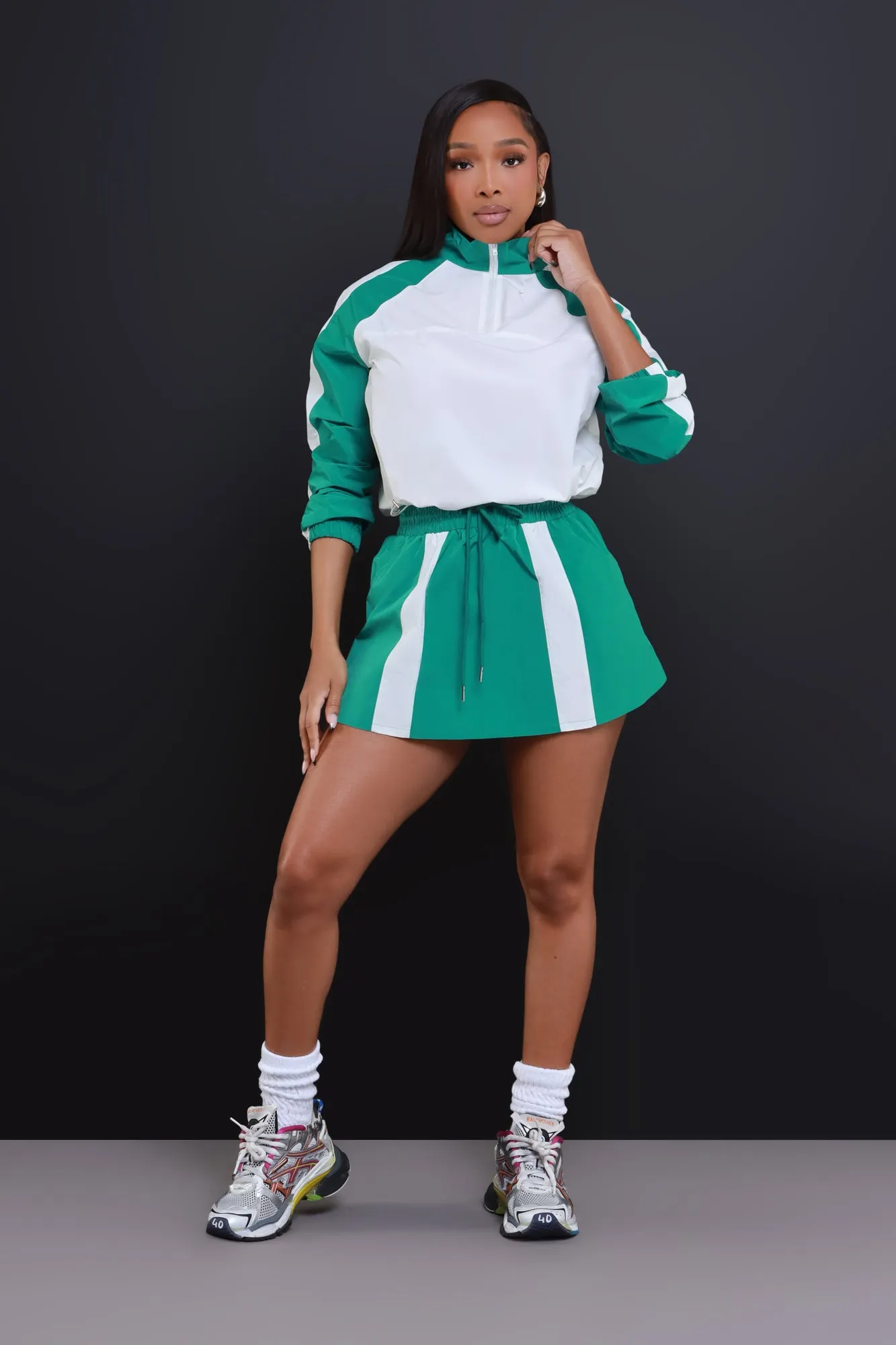 In The Mix Windbreaker Skirt Set - Green/White