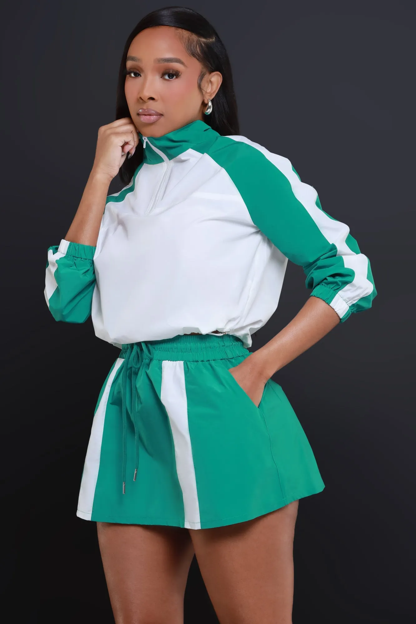 In The Mix Windbreaker Skirt Set - Green/White