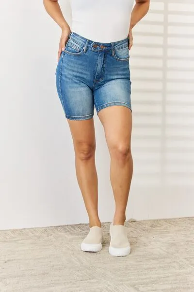 Judy Blue Tummy Control Double Button Bermuda Denim Shorts**