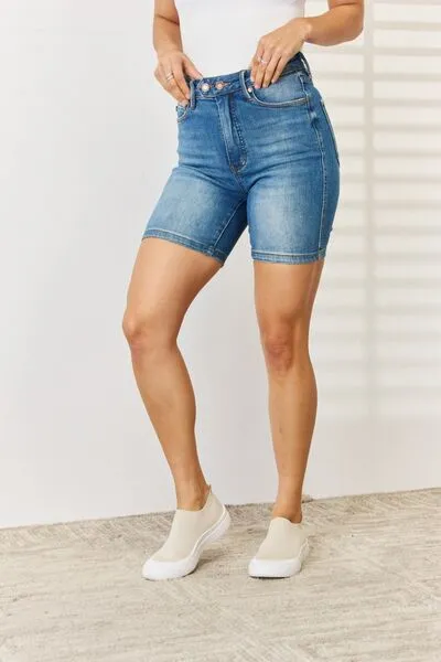 Judy Blue Tummy Control Double Button Bermuda Denim Shorts**