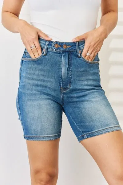 Judy Blue Tummy Control Double Button Bermuda Denim Shorts**