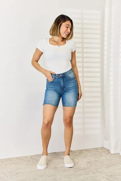 Judy Blue Tummy Control Double Button Bermuda Denim Shorts**