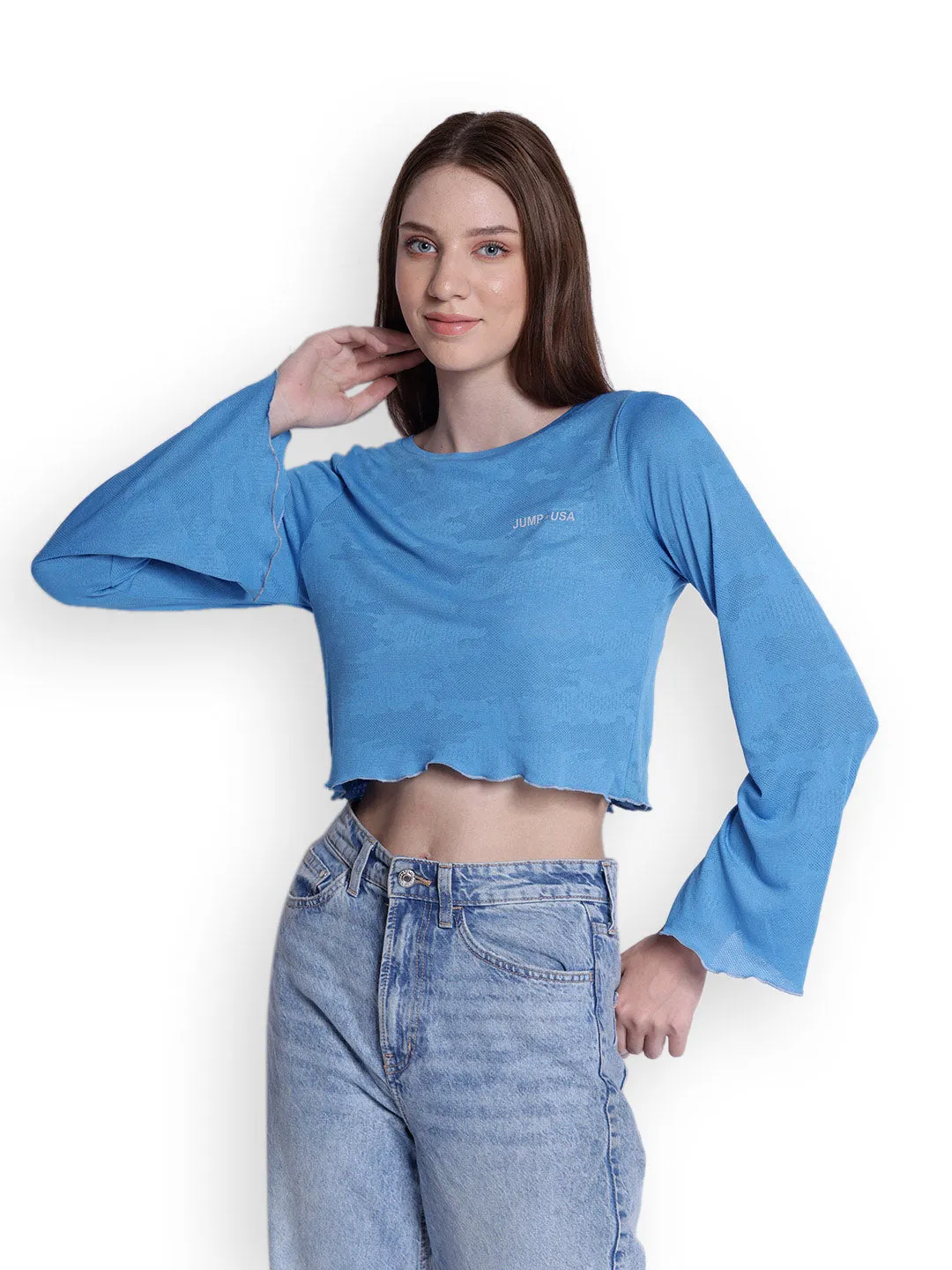 JUMP USA Womens Flared Sleeves Blue Solid Crop Tops