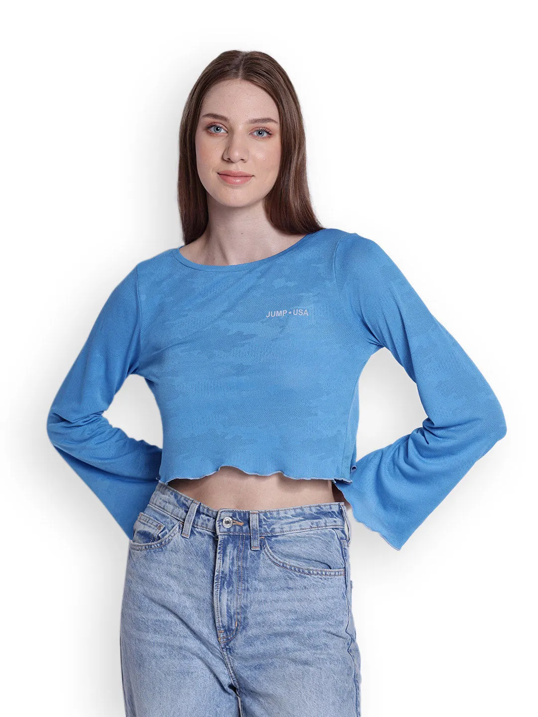 JUMP USA Womens Flared Sleeves Blue Solid Crop Tops