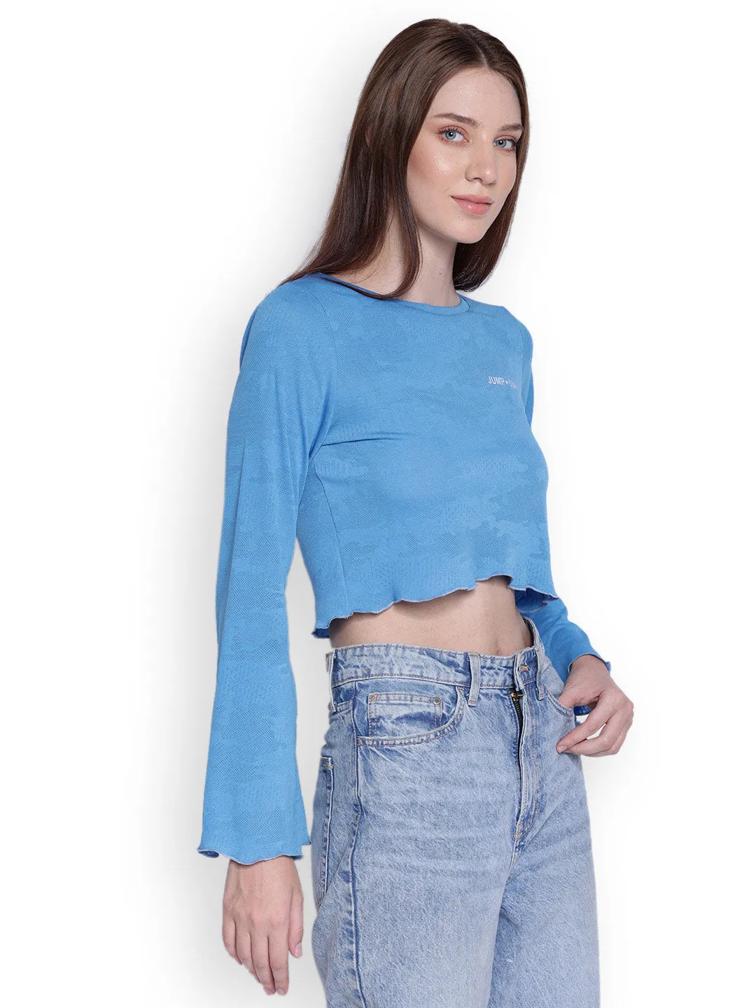 JUMP USA Womens Flared Sleeves Blue Solid Crop Tops