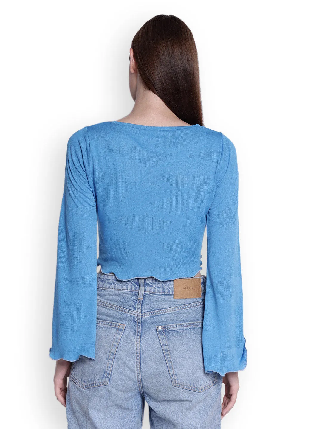 JUMP USA Womens Flared Sleeves Blue Solid Crop Tops