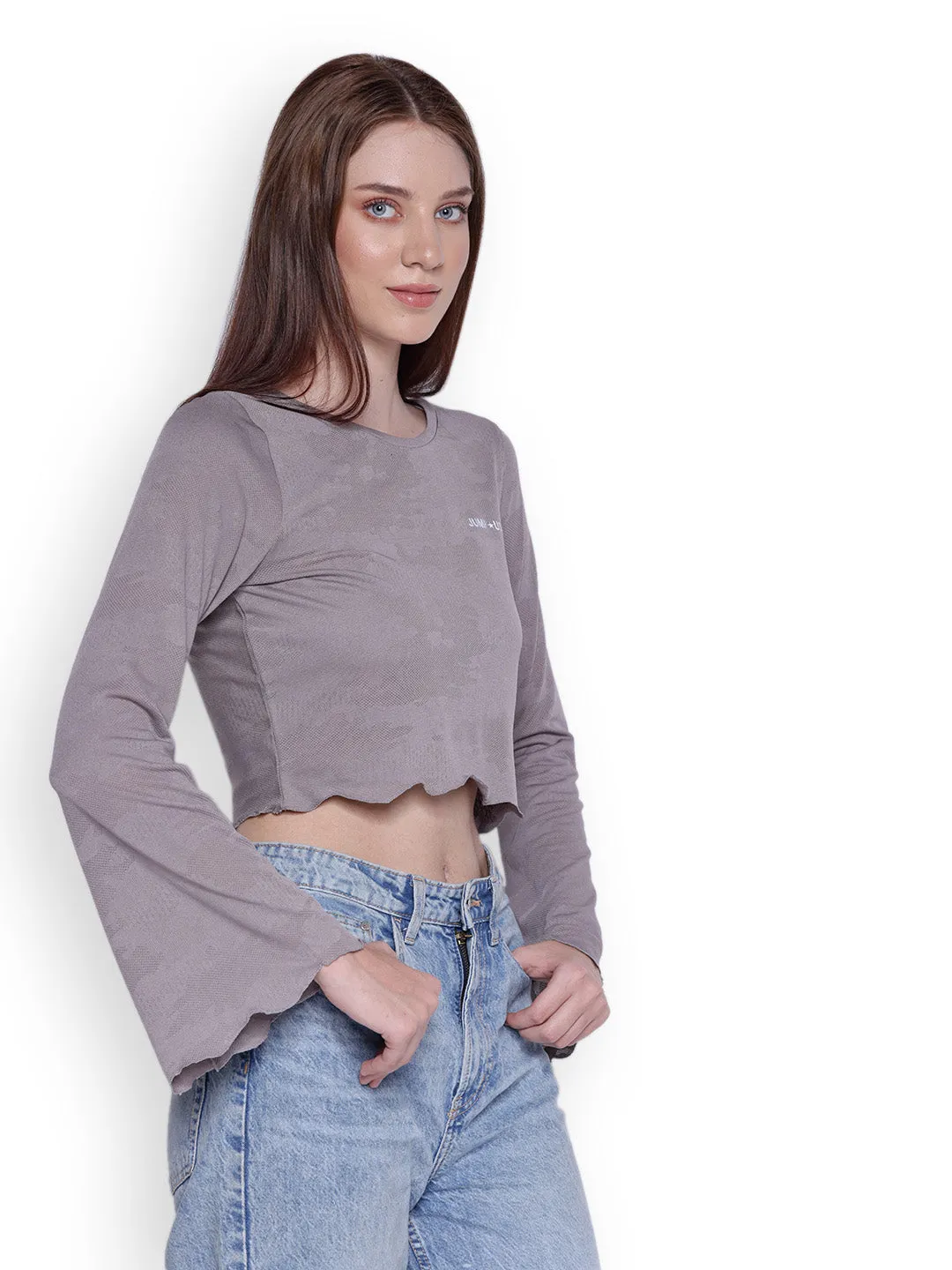 JUMP USA Womens Flared Sleeves Grey Solid Crop Tops