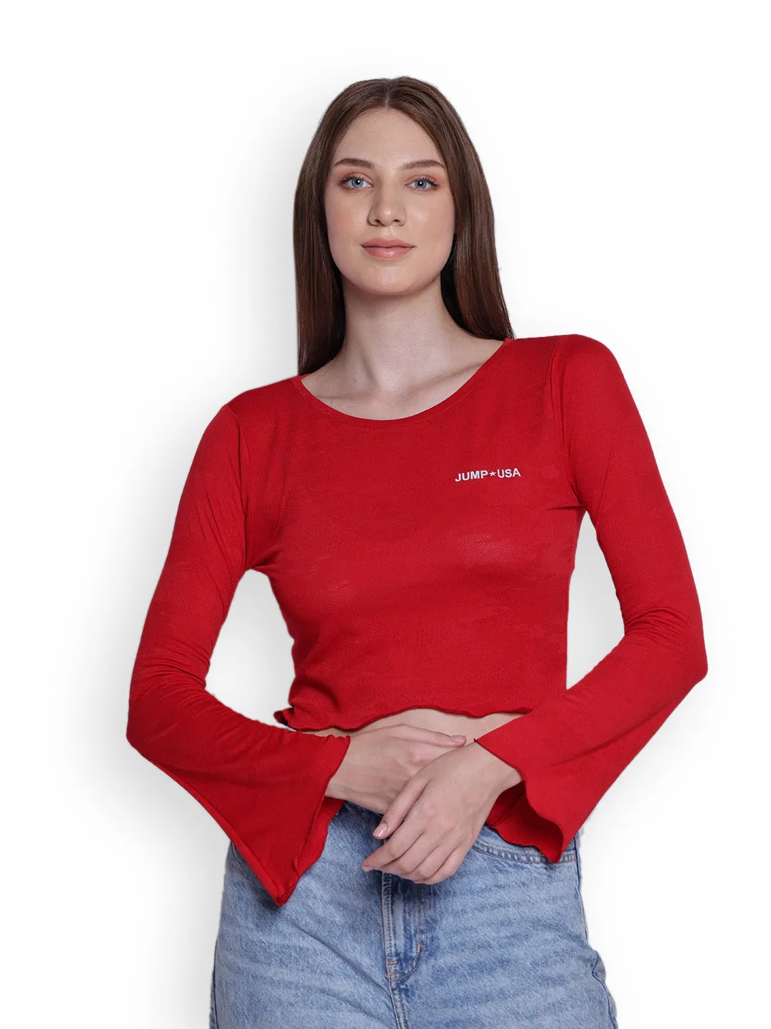 JUMP USA Womens Flared Sleeves Red Solid Crop Tops