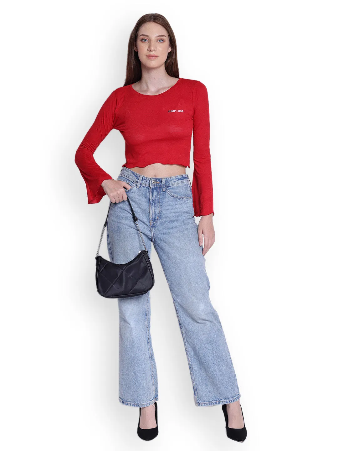 JUMP USA Womens Flared Sleeves Red Solid Crop Tops