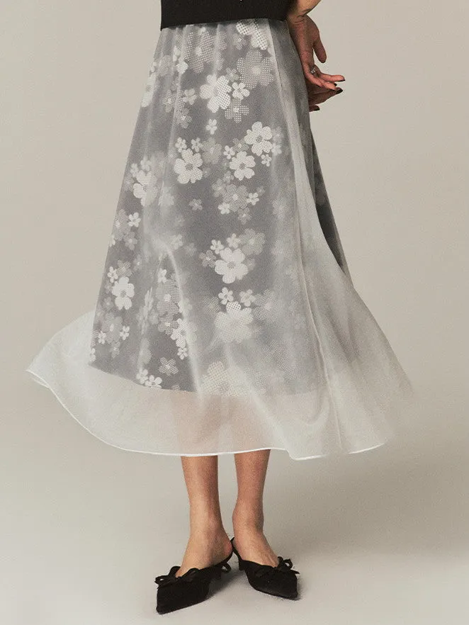 Layered See-Through Flower Ciffon Sheer Flare Chic Long-Skirt