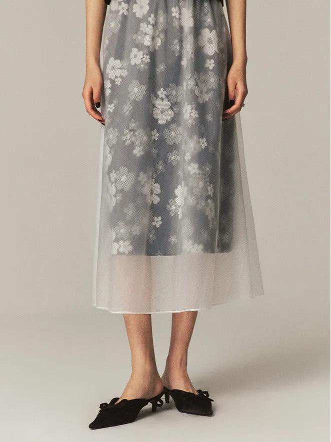 Layered See-Through Flower Ciffon Sheer Flare Chic Long-Skirt