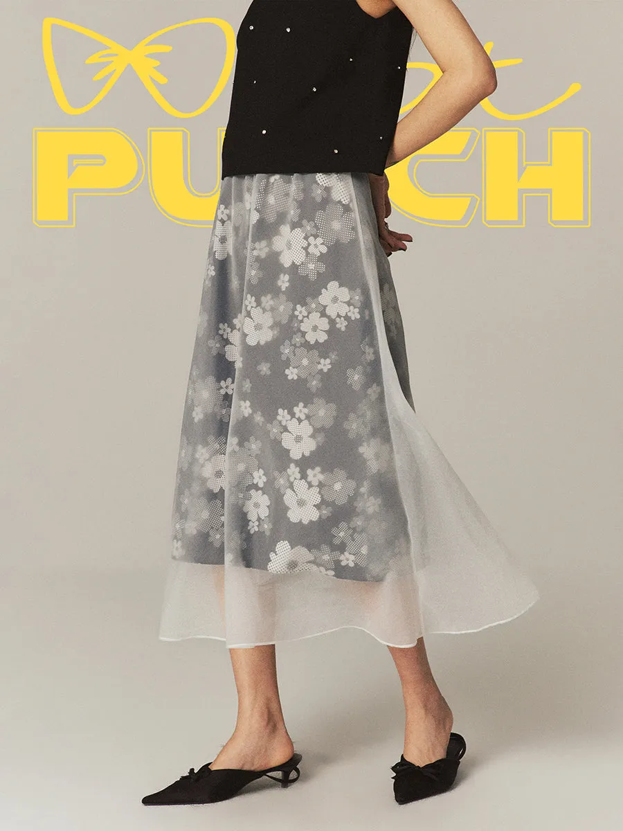 Layered See-Through Flower Ciffon Sheer Flare Chic Long-Skirt