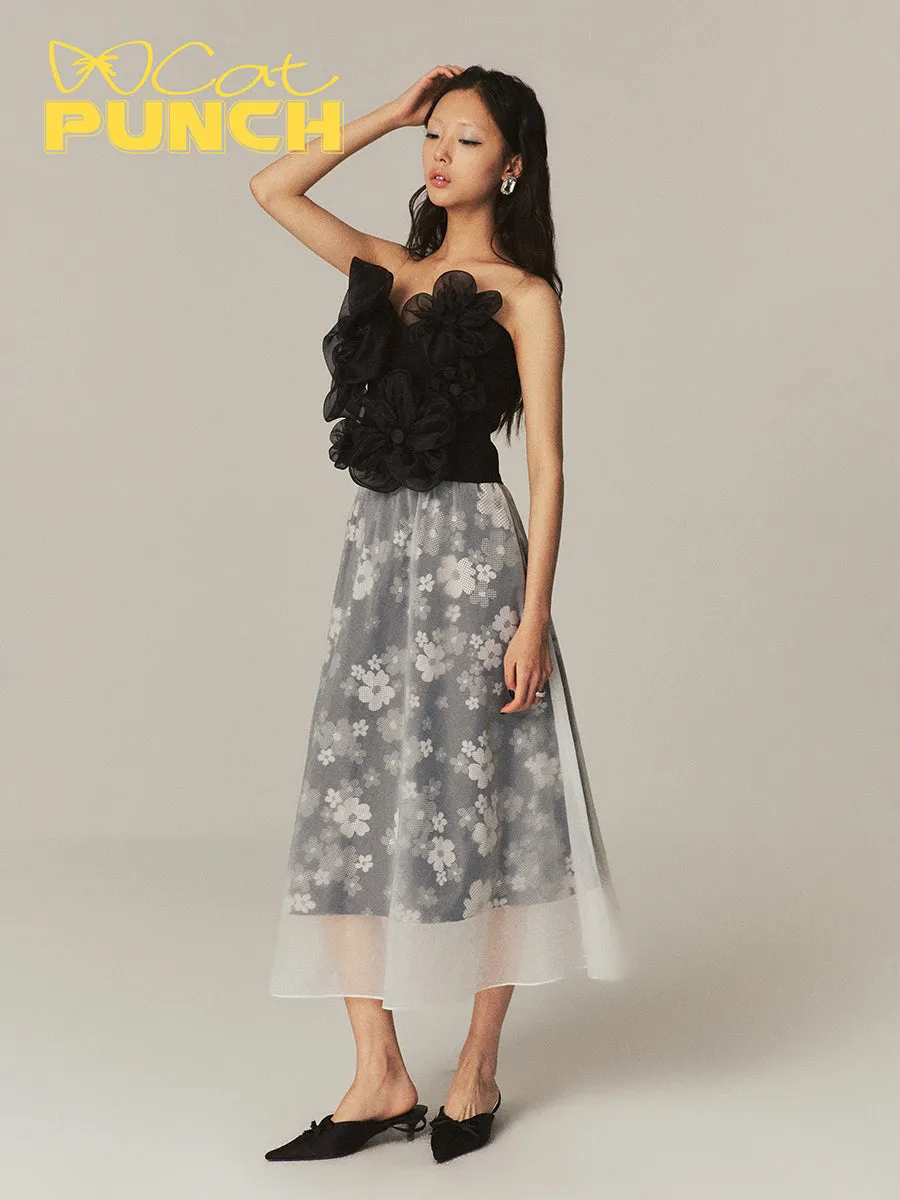 Layered See-Through Flower Ciffon Sheer Flare Chic Long-Skirt