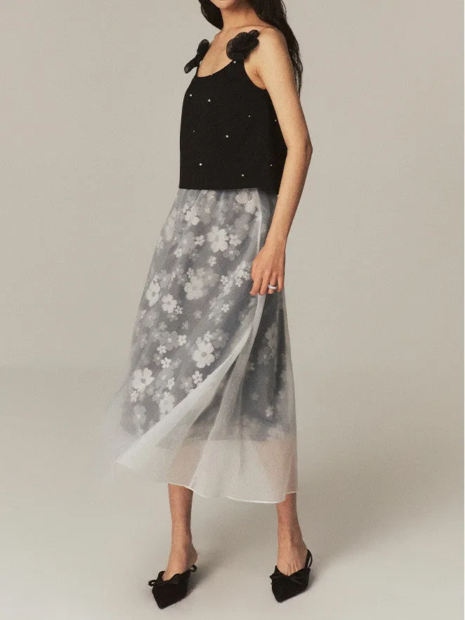 Layered See-Through Flower Ciffon Sheer Flare Chic Long-Skirt