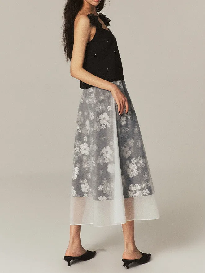 Layered See-Through Flower Ciffon Sheer Flare Chic Long-Skirt