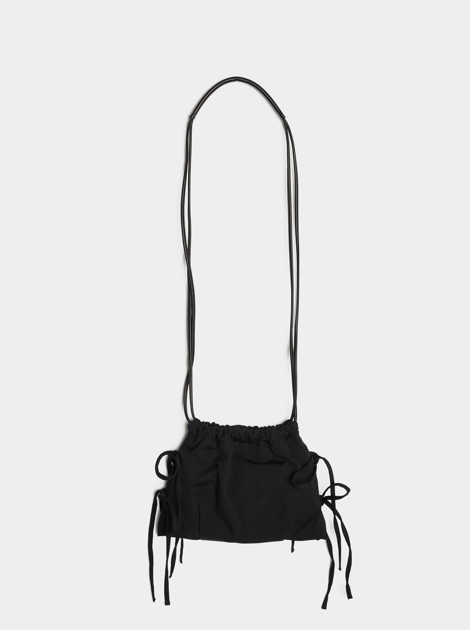 Leather Combi Gabardine Drawstring Pochette, Black