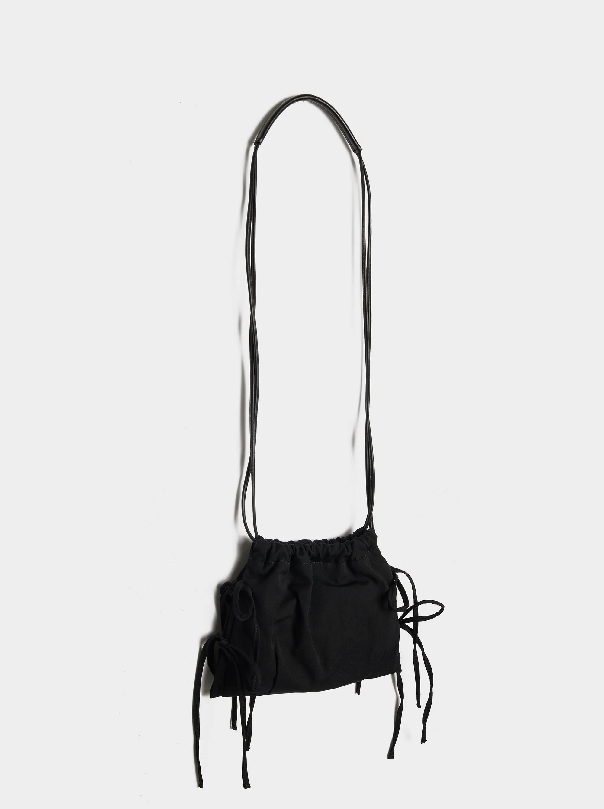 Leather Combi Gabardine Drawstring Pochette, Black