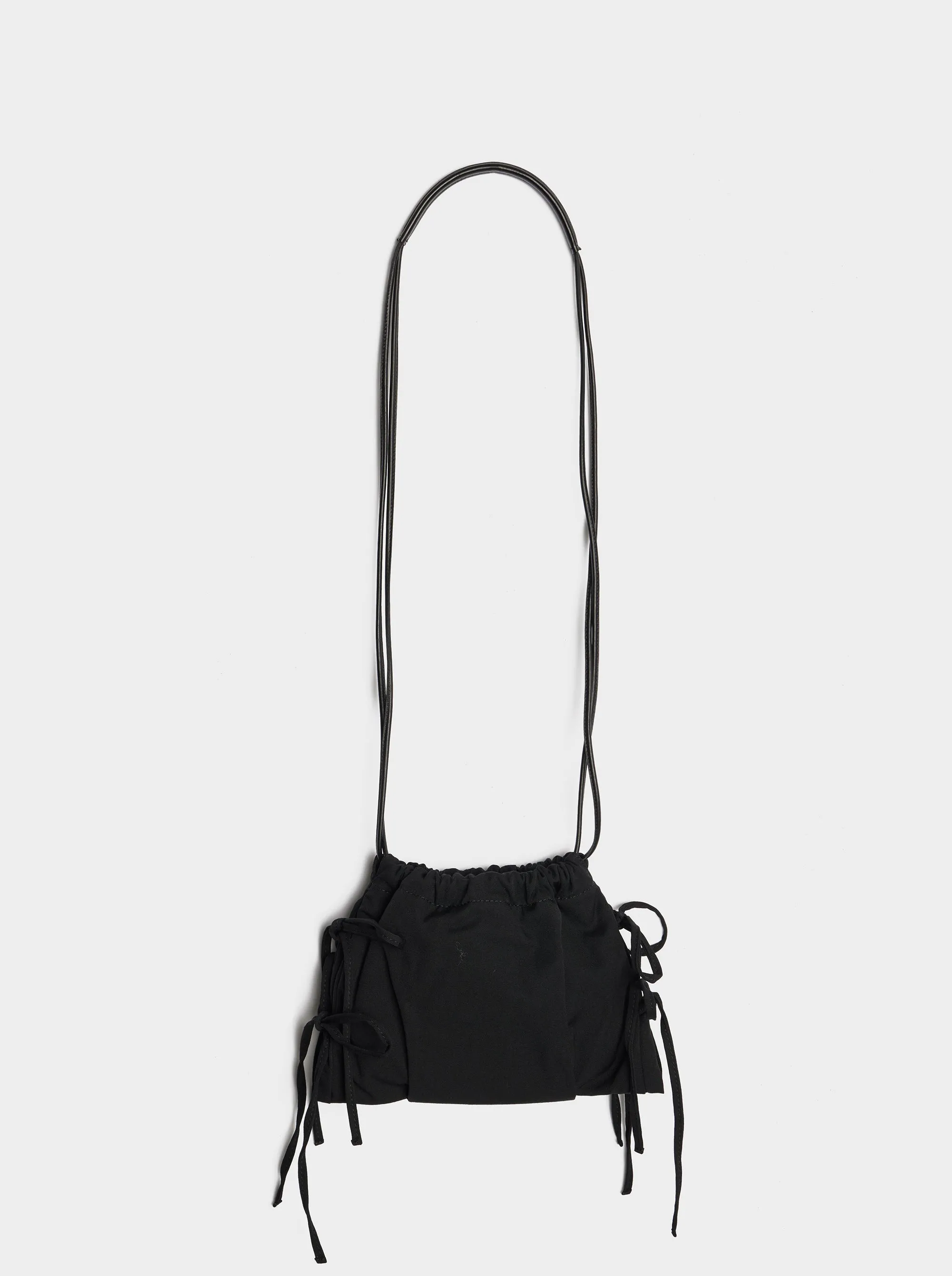 Leather Combi Gabardine Drawstring Pochette, Black