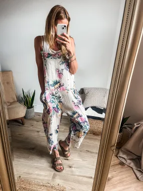 Linen Floral Dungarees