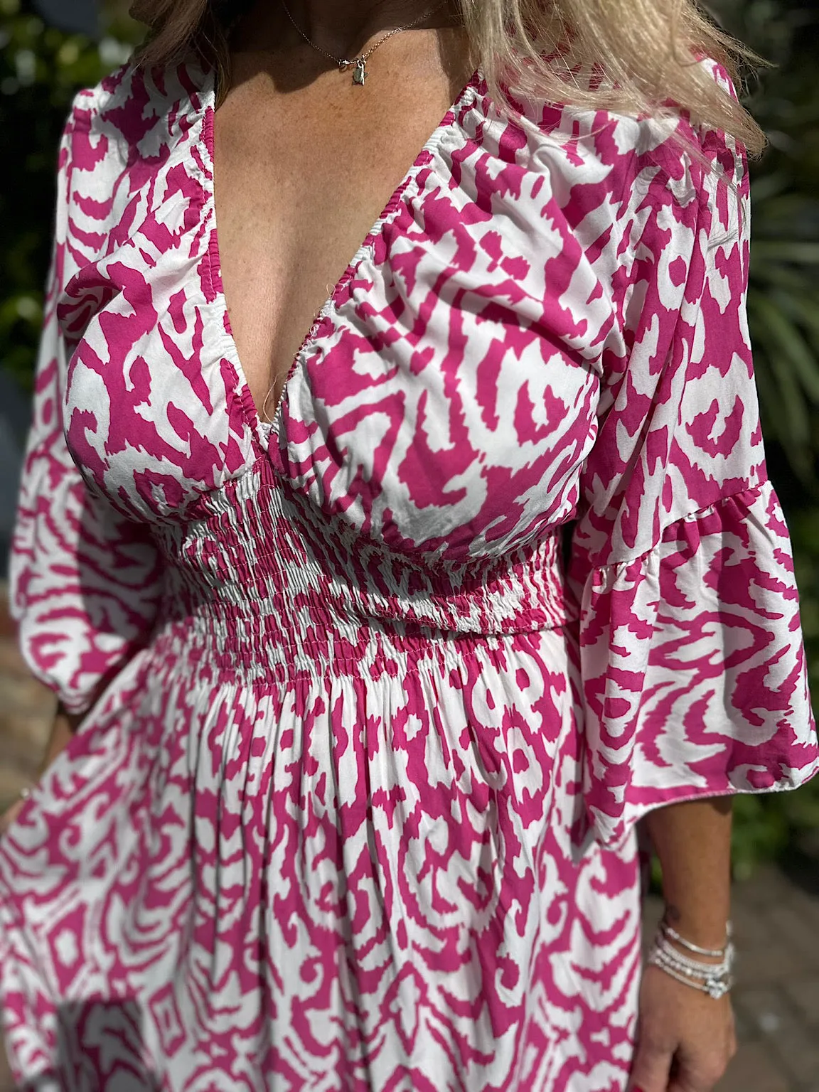 Lipstick Pink Flared Sleeve Patterned Maxi Dress Megan