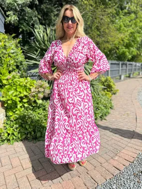 Lipstick Pink Flared Sleeve Patterned Maxi Dress Megan