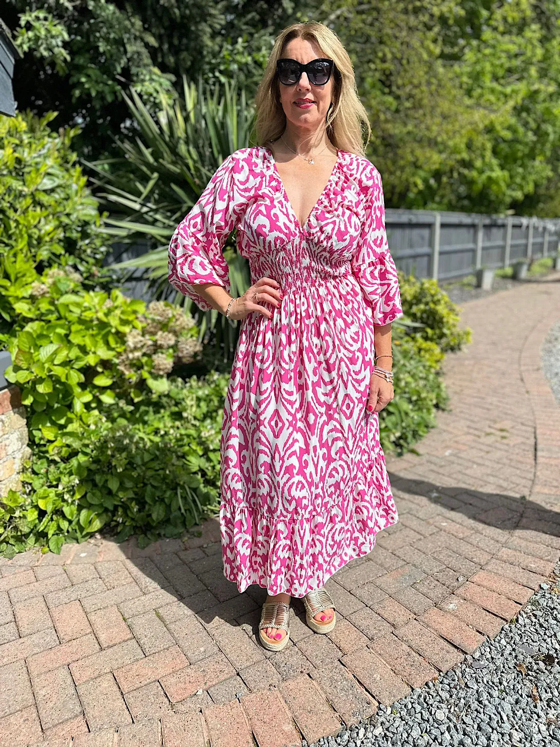 Lipstick Pink Flared Sleeve Patterned Maxi Dress Megan