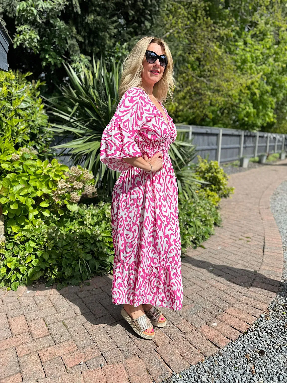 Lipstick Pink Flared Sleeve Patterned Maxi Dress Megan