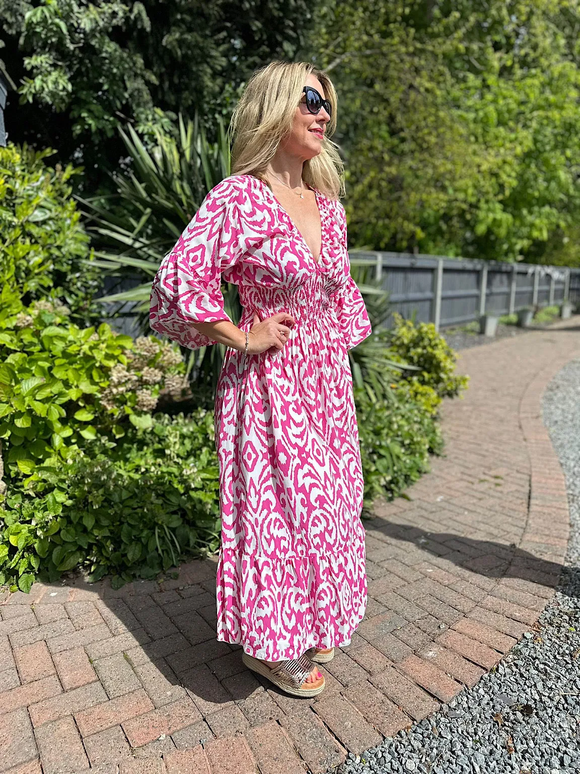 Lipstick Pink Flared Sleeve Patterned Maxi Dress Megan