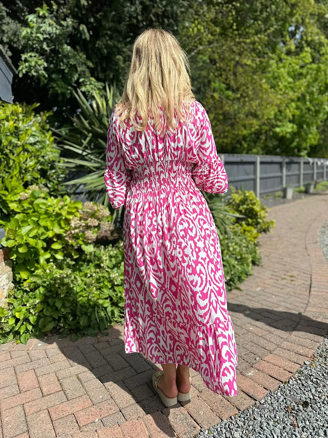 Lipstick Pink Flared Sleeve Patterned Maxi Dress Megan