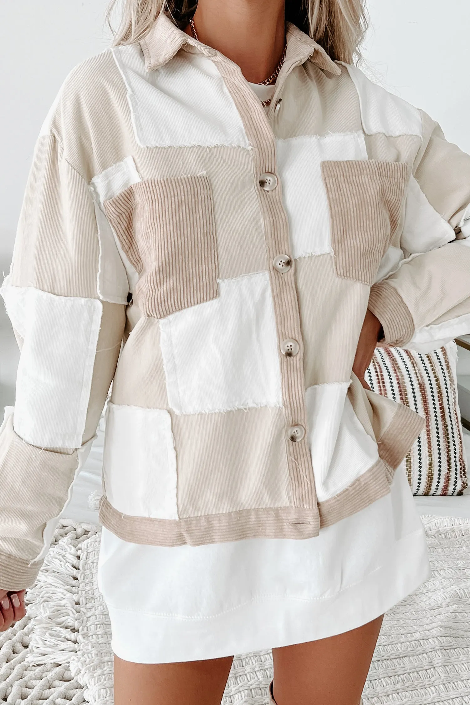 Living In The Past Corduroy Patchwork Shacket (Beige Multi)