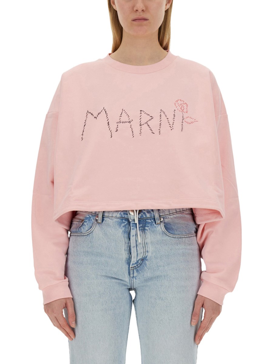 MARNI    COTTON SWEATSHIRT WITH LOGO AND DRAWSTRING HEM