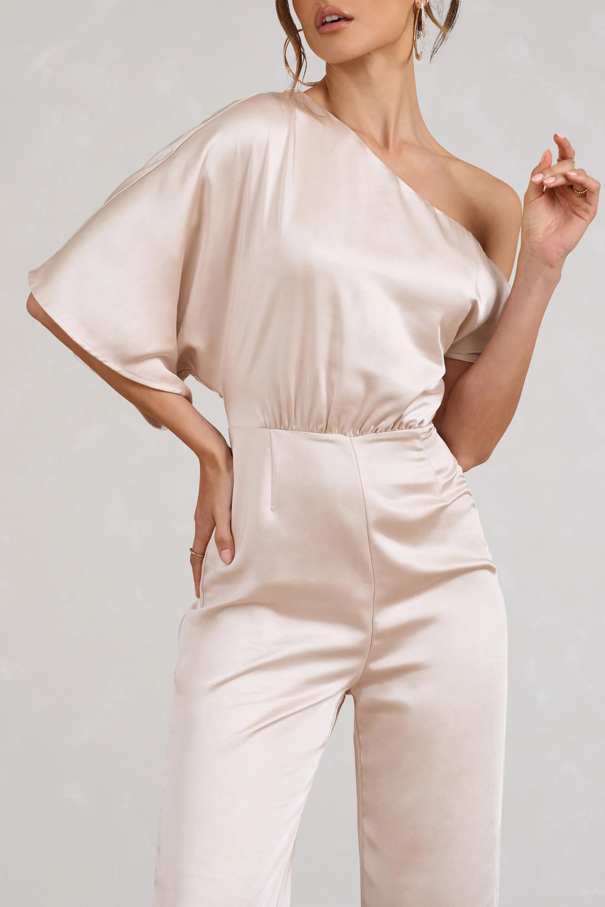 Marvellous | Champagne Satin Asymmetric Flared-Leg Jumpsuit