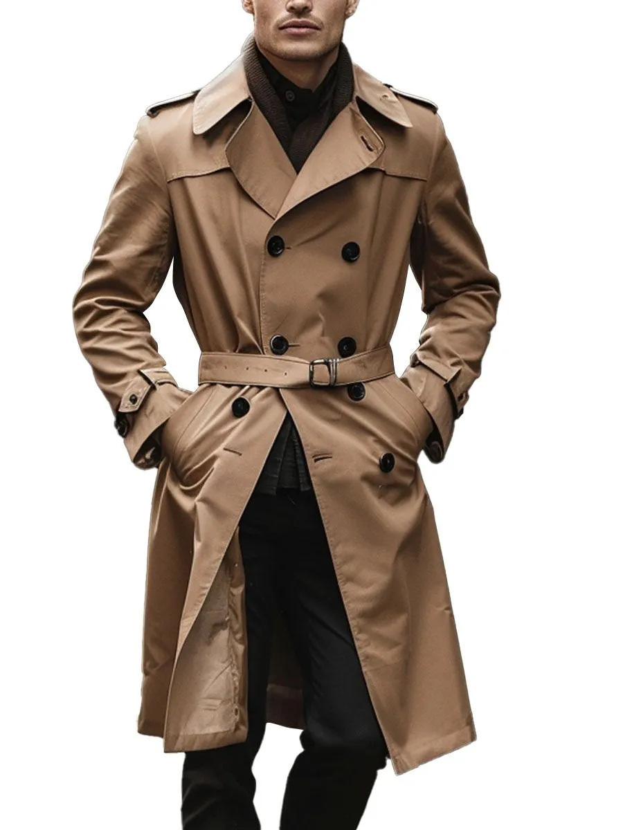 Men's Lapel Double Pocket Belt Classic Trench Coat