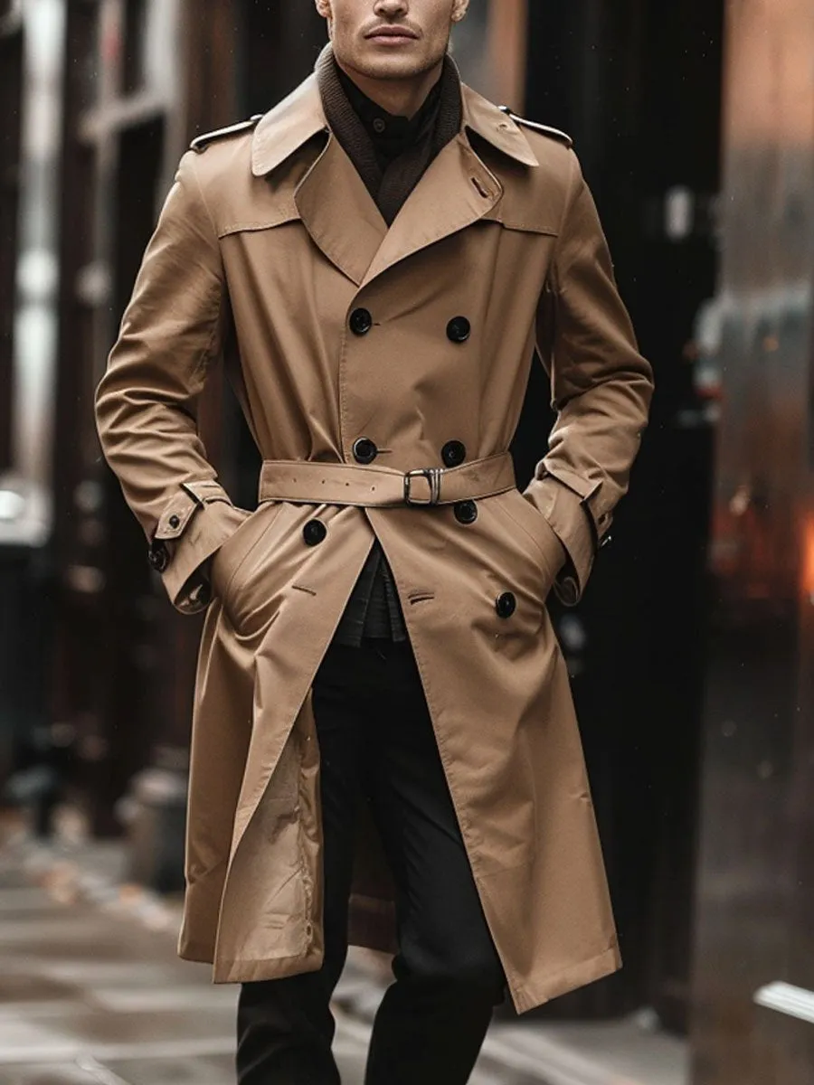 Men's Lapel Double Pocket Belt Classic Trench Coat