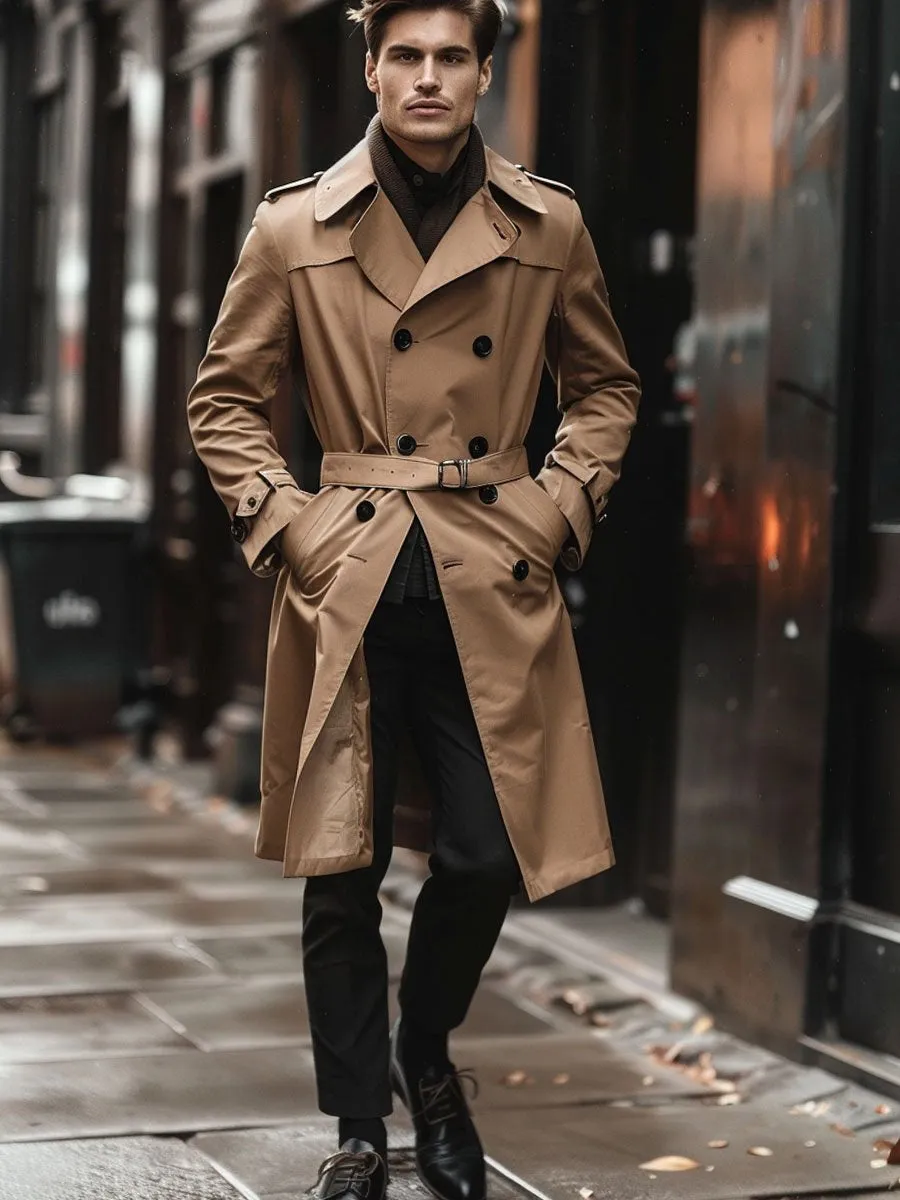 Men's Lapel Double Pocket Belt Classic Trench Coat