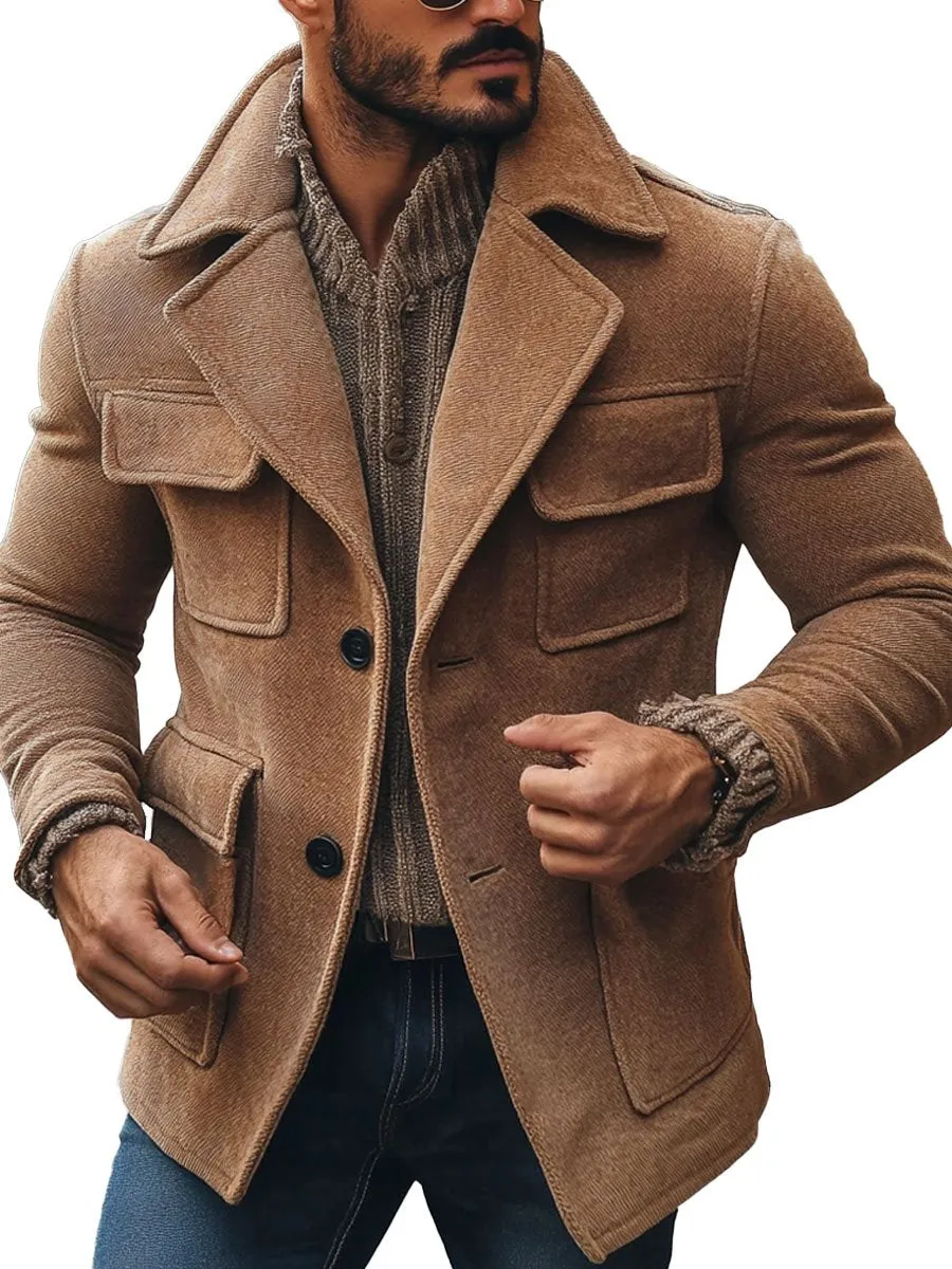 Men's Lapel Multi-Pocket Single-Breasted Casual Solid Color Coat